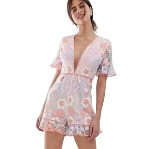 True Decadence Allover Embroidered Floral Romper Size 12 Ruffle Trim Deep V-Neck
